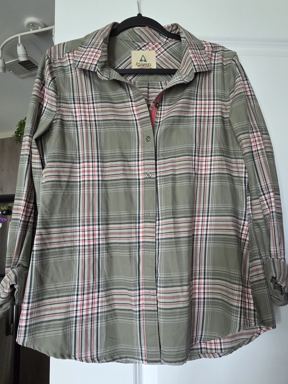 Ascend Olive Plaid Shirt with Pink and Cream Stripes